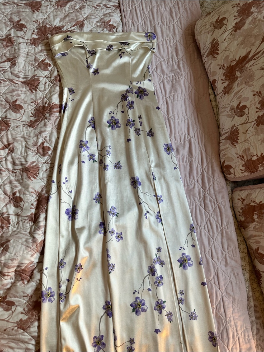 Lucy in the Sky Strapless Cream Dress with Purple Floral Embroidery